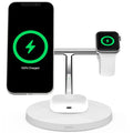 Belkin BoostCharge Pro MagSafe 3-in-1 wireless charging pad with multiple charging areas for iPhone, Apple Watch, and AirPods.