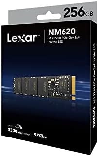 Lexar NM620 256GB M.2 NVMe SSD installed in a computer, showing the sleek black circuit board with branding and connectors