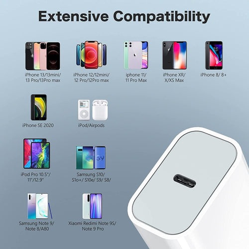 Prime Tech Store 25W iPhone USB-C PD power adapter charger with US 2-pin plug, compact and efficient for fast charging.