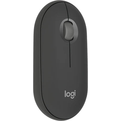 Prime Tech Store Logitech Pebble Mouse 2 M350S Bluetooth wireless mouse on a desk, compact design with scroll wheel and smooth surface.