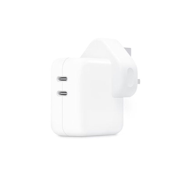 Prime Tech Store iPhone 35W UK 3-Pin dual Type C fast charging Power Delivery (PD) adapter connected to a charging cable.