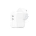 Prime Tech Store iPhone 35W UK 3-Pin dual Type C fast charging Power Delivery (PD) adapter connected to a charging cable.