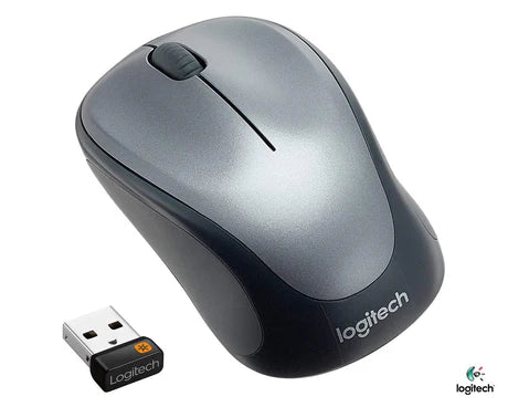 Wireless Logitech M235 mouse with ergonomic design and scroll wheel, shown on a desk surface.