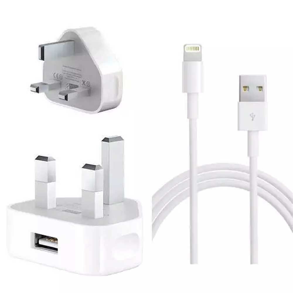 Prime Tech Store iPhone 5W USB power adaptor with UK pin and Lightning to USB cable for charging and syncing Apple devices.