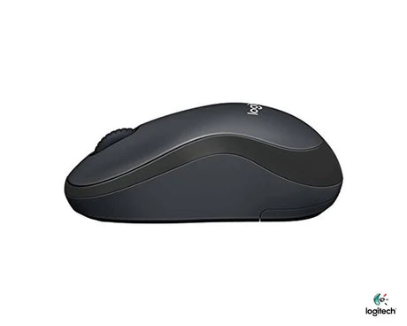 Wireless Logitech M221 mouse with compact design, black color, and scroll wheel on a plain background.