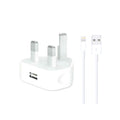 Prime Tech Store iPhone 5W USB power adaptor with UK plug and Lightning to USB cable for charging Apple devices.