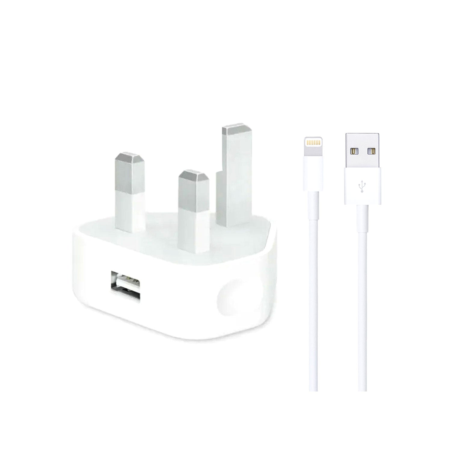 Prime Tech Store iPhone 5W USB power adaptor with UK plug and Lightning to USB cable for charging Apple devices.