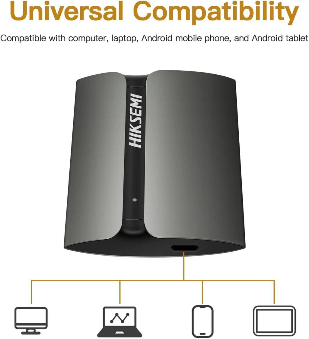 Black Hiksemi T300S Shield 512GB portable SSD with rugged design, USB connection, and compact shape for quick data transfer.