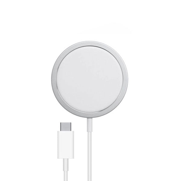 Wireless MagSafe Apple charger by Prime Tech Store, showing the sleek round charging pad with USB-C connection.