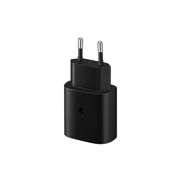 Samsung 25W EU plug USB-C PD fast charger adapter by Prime Tech Store, showing the compact original power adapter and USB-C port.