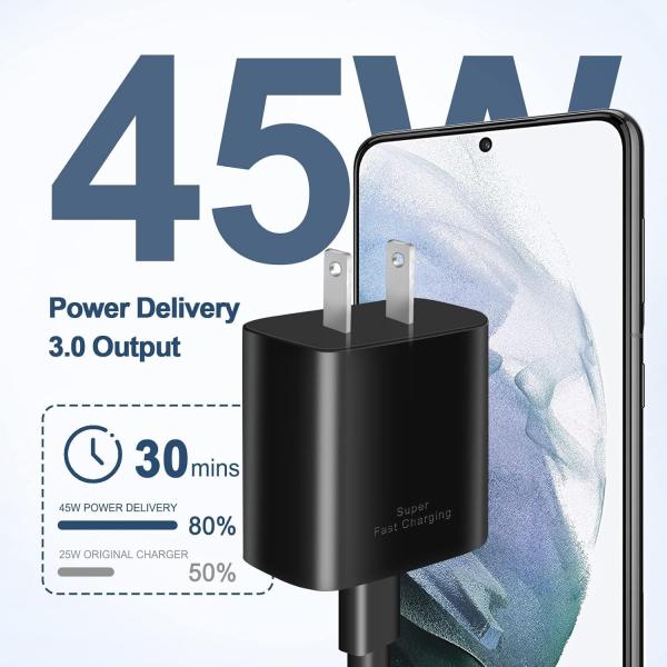 Samsung 45W USB Type-C PD fast charger with Prime Tech Store branding, featuring a compact design and USB-C port.