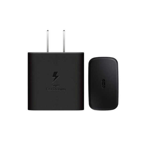 Samsung 45W USB-C PD super fast charger with US pin design, compact and lightweight for quick device charging.