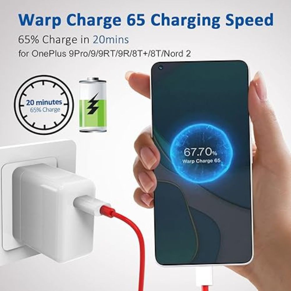 Prime Tech Store 65W OnePlus Super Fast Warp Charge EU adapter with USB Type-C to Type-C cable for fast charging.