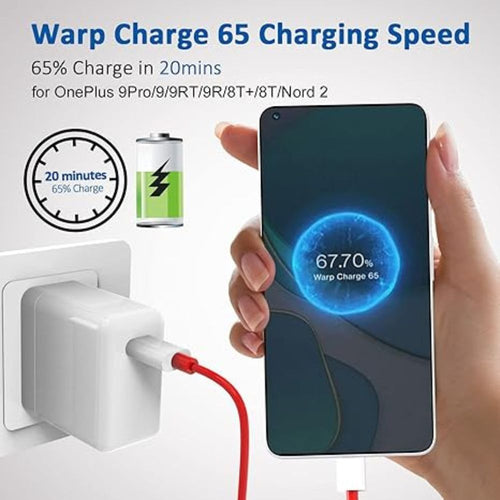 Prime Tech Store 65W OnePlus Super Fast Warp Charge EU adapter with USB Type-C to Type-C cable for fast charging.