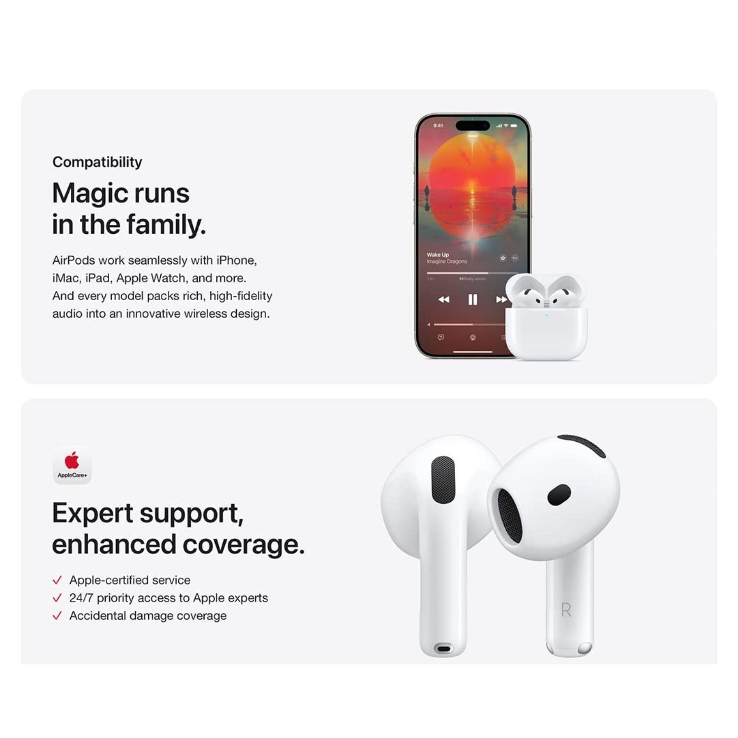 Wireless Apple AirPods 4 with Bluetooth 5.3 and USB-C charging case, shown with the charging case open and earbuds inside.