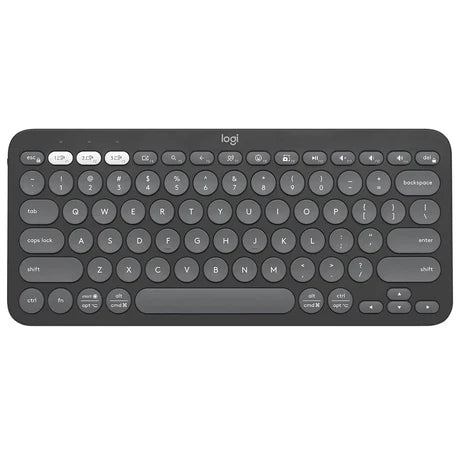 Logitech Pebble Keys 2 K380S Bluetooth keyboard in graphite color with keys and compact design on a white background.