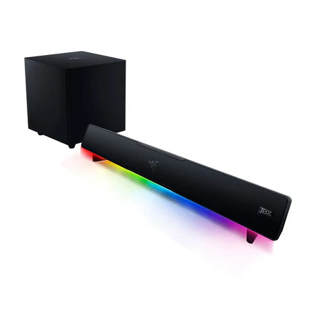 Razer Leviathan V2 PC gaming speaker with subwoofer, featuring modern black design and multiple control buttons on the front.