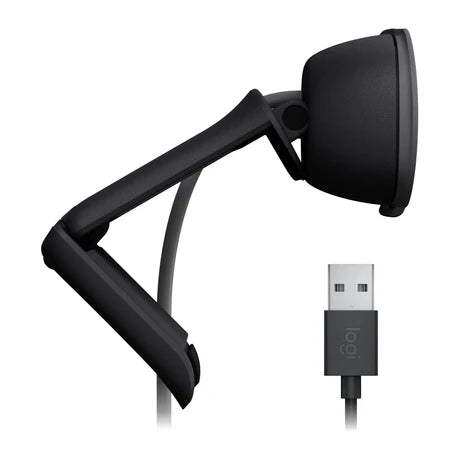 Logitech Brio 100 Full HD 1080p webcam with adjustable clip and built-in microphone for high-quality video calls and streaming