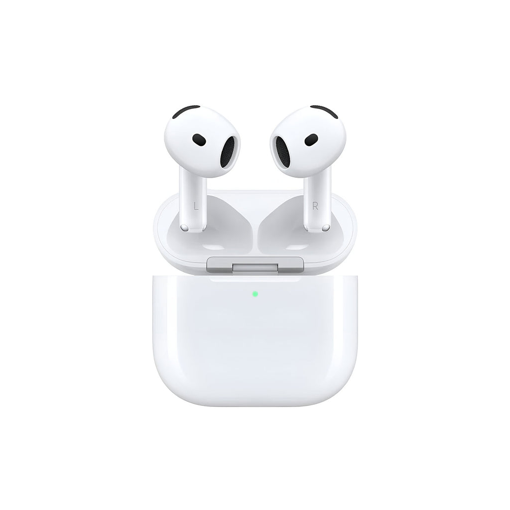 Wireless Apple AirPods 4 with Bluetooth 5.3, USB-C charging case, and wireless charging capability, shown from a side angle.