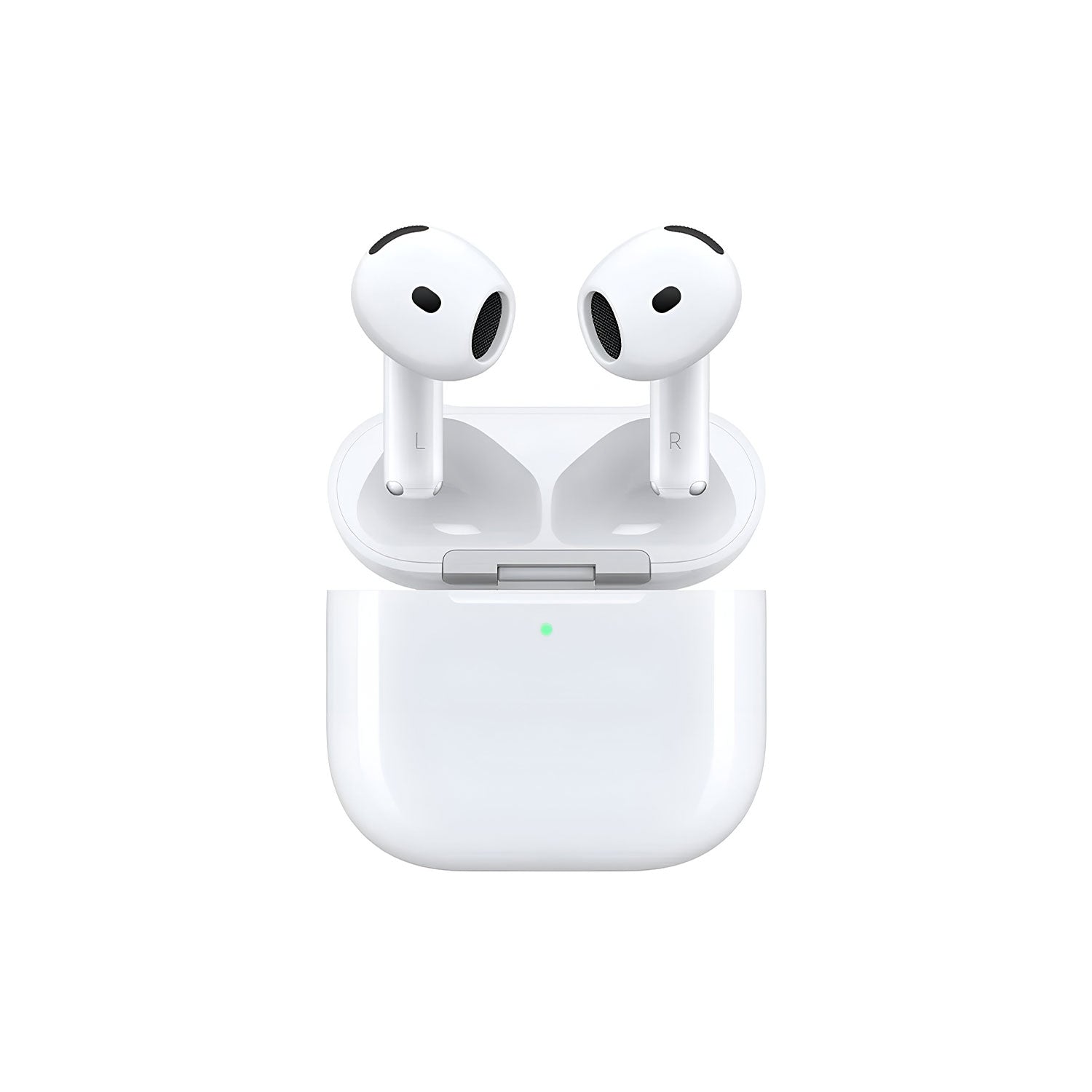 Wireless Apple AirPods 4 with Bluetooth 5.3, USB-C charging case, and wireless charging capability, shown from a side angle.