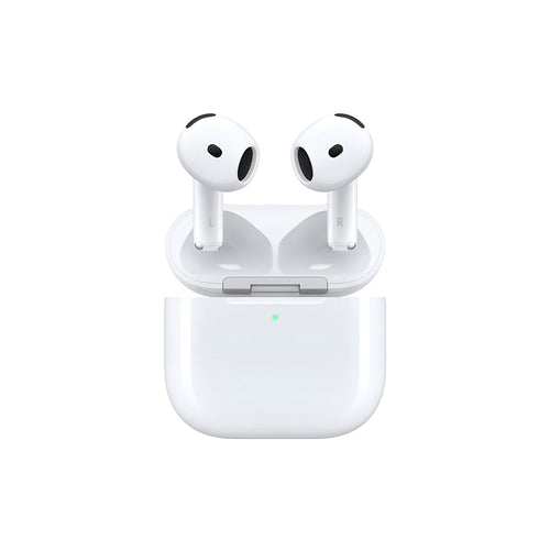 Wireless Apple AirPods 4 with Bluetooth 5.3, USB-C charging case, and wireless charging capability, shown from a side angle.