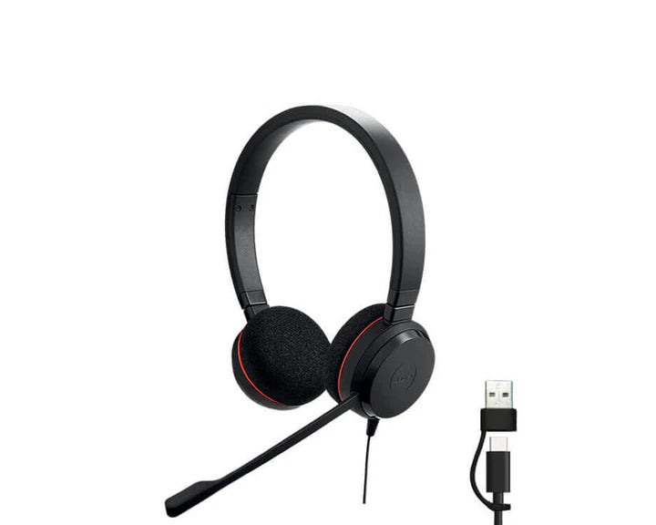 Prime Tech Store Jabra Evolve 20 stereo headset with adjustable headband and noise-canceling microphone, close-up view of ear cups and microphone.