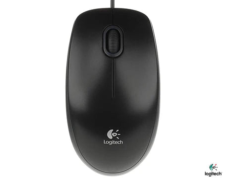 Logitech wired mouse B100 with ergonomic design and 1-meter cable, perfect for comfortable computer use and precise navigation.