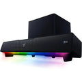 Razer Leviathan V2 PC gaming speaker with subwoofer, compact design, black finish, and control knobs on top for immersive sound.