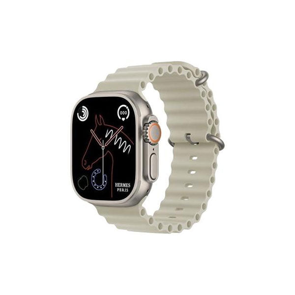 Prime Tech Store Hk10 Ultra 3 2.02 AMOLED smartwatch with G-sensor, AI features, Wearfit Pro app, silver straps, front view.