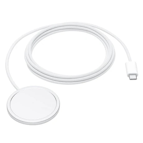 Apple MagSafe wireless charger with braided cable, sleek design and compact size for easy charging of compatible iPhones.