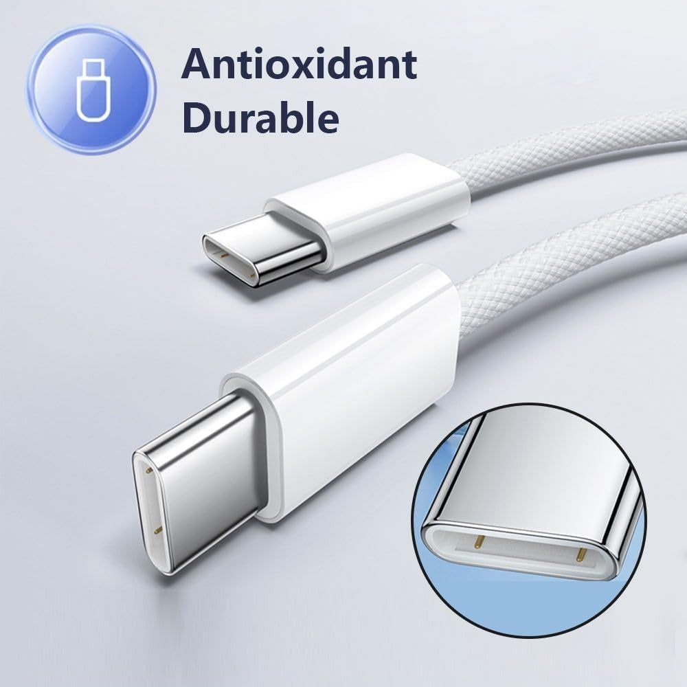 Prime Tech Store 1m iPhone 17 Pro Max 60W Type C to C nylon PD fast charging cable laid out on a surface