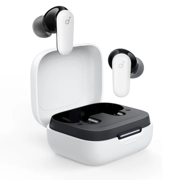 Anker Soundcore R50i NC noise-canceling earbuds with black charging case and ear tips, designed for immersive audio experiences.