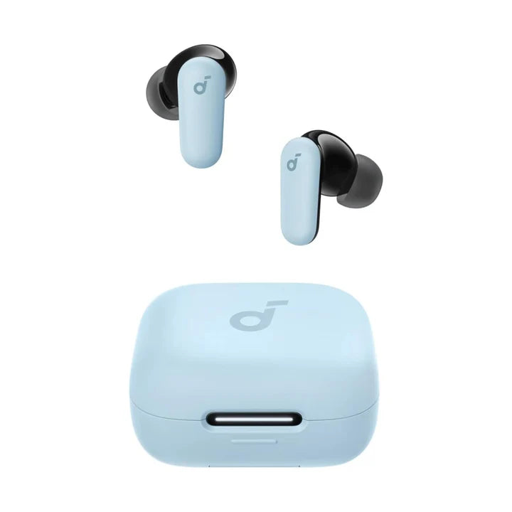Anker Soundcore R50i NC noise-canceling wireless earbuds with charging case, black, shown from a side view.