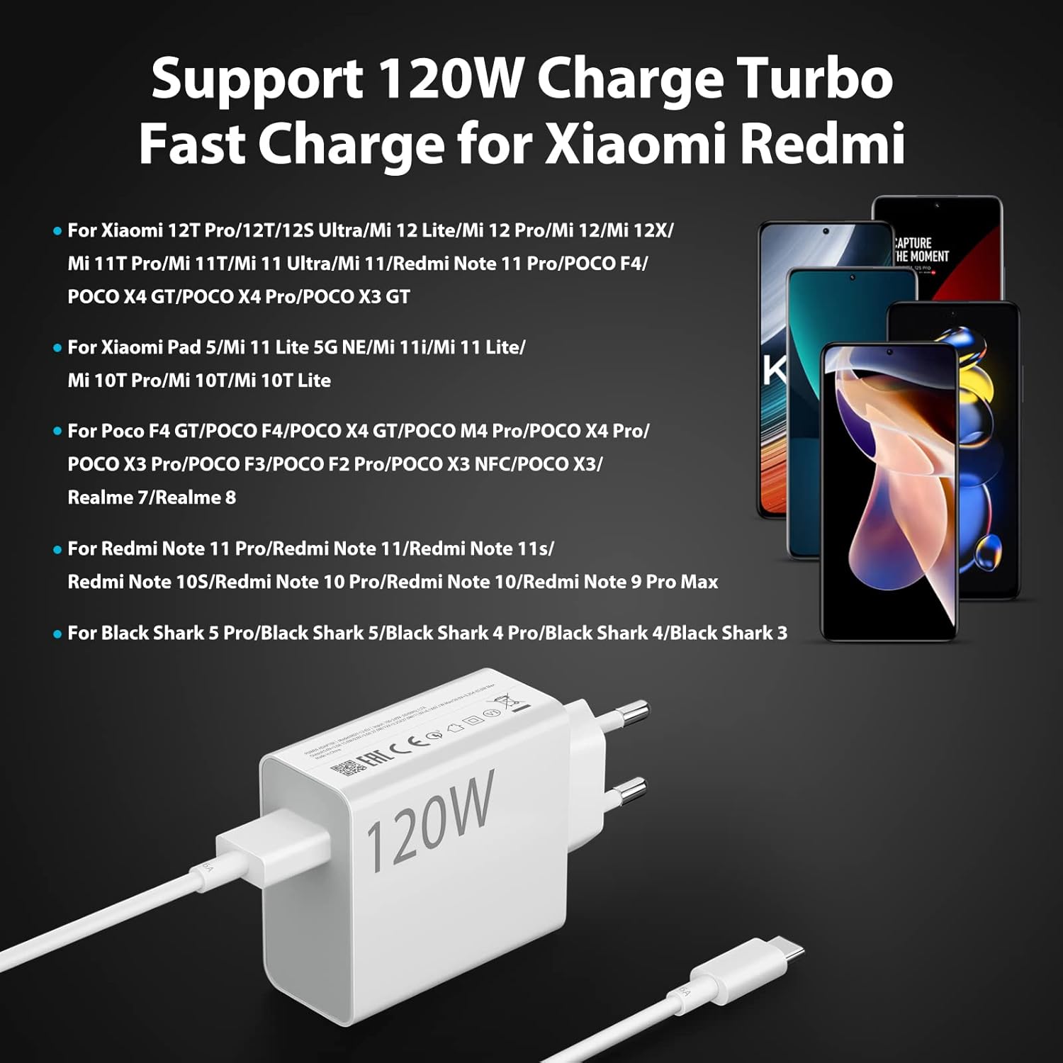 Xiaomi 120W EU plug QC3.0 fast wall charger with cable for quick device charging, shown with cable attached.