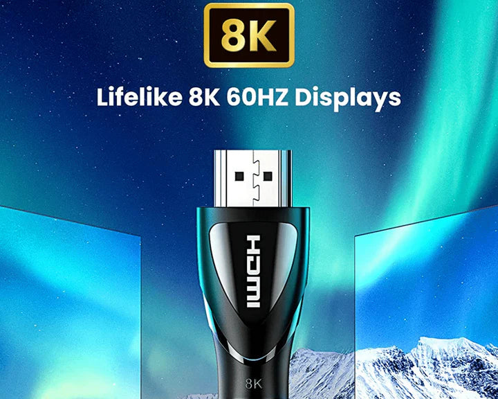 UGREEN HD140 HDMI cable connected to a device, showcasing 8K resolution support for high-quality video and audio transfer.