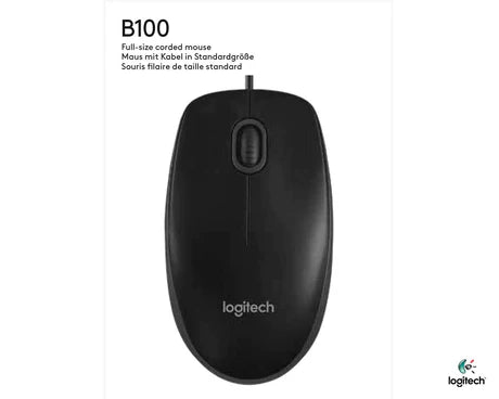 Logitech wired mouse B100 with ergonomic design and USB connection, shown resting on a desk.