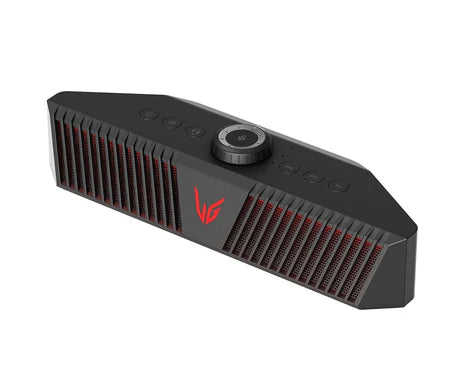 LG UltraGear GP9 portable gaming speaker showing sleek black design with control buttons and textured surface.