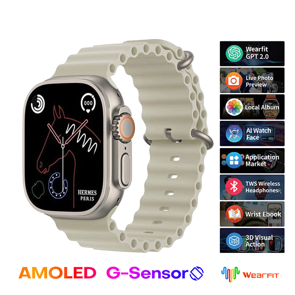 Prime Tech Store HK10 Ultra 3 2.02 AMOLED display smartwatch with G-sensor, AI features, Wearfit Pro app, and silver straps.