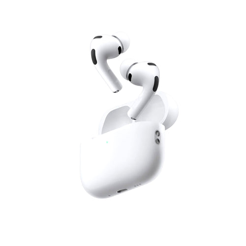 Apple AirPods Pro 3rd Gen wireless earbuds with active noise cancellation and USB-C charging, shown in a sleek white design.