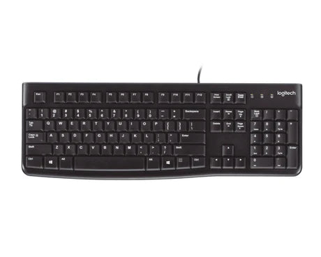 Logitech K120 USB keyboard with standard keys and slim design, suitable for office and home use.
