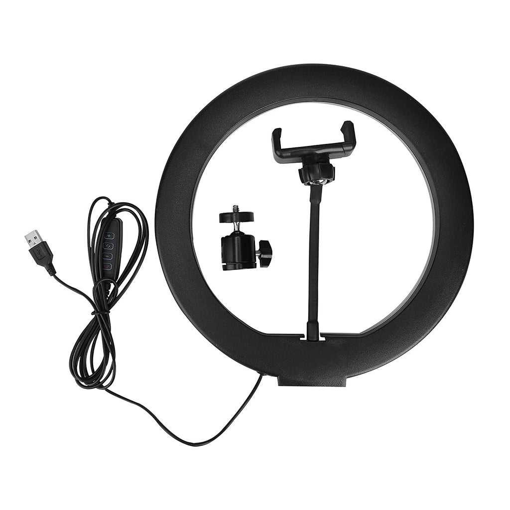 Prime Tech Store 26cm LED studio camera ring light with mobile holder, ideal for photography and video lighting setups.