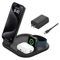 Belkin BoostCharge Qi2 3-in-1 magnetic foldable wireless charger showing a sleek black design with charging pads for multiple devices