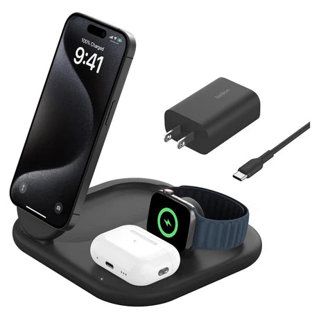 Belkin BoostCharge Qi2 3-in-1 magnetic foldable wireless charger showing a sleek black design with charging pads for multiple devices