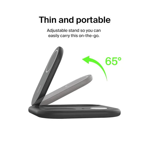 Belkin BoostCharge Qi2 3-in-1 magnetic foldable wireless charger with multiple device charging areas, shown in black.