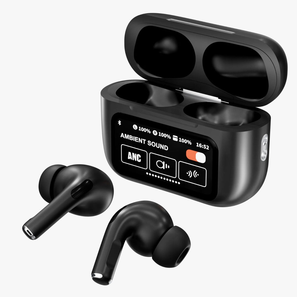 Black Prime Tech Store A9 Pro Apple AirPods with Active Noise Cancellation, touch control, Bluetooth 5.4 earbuds.