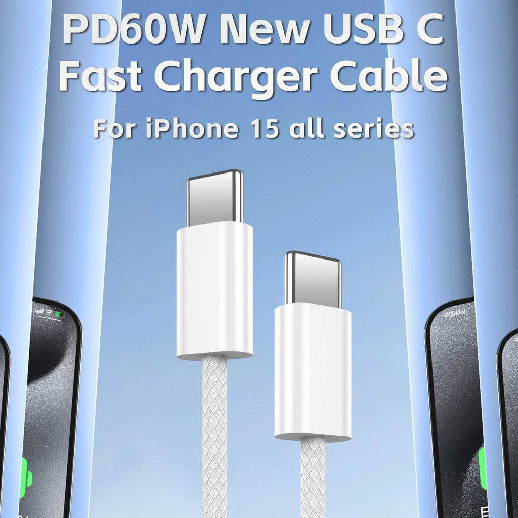 Prime Tech Store USB-C to C cable for iPhone 15 Pro Max, 60W fast charging, nylon braided design, durable and flexible.