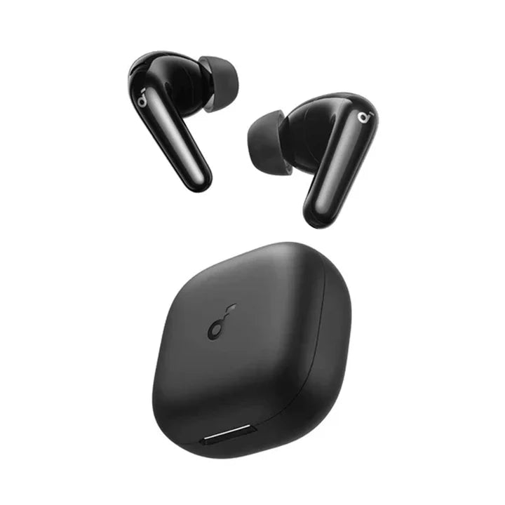 Anker Soundcore R60i NC noise cancelling earbuds with sleek black design, shown from a side angle on a white background.