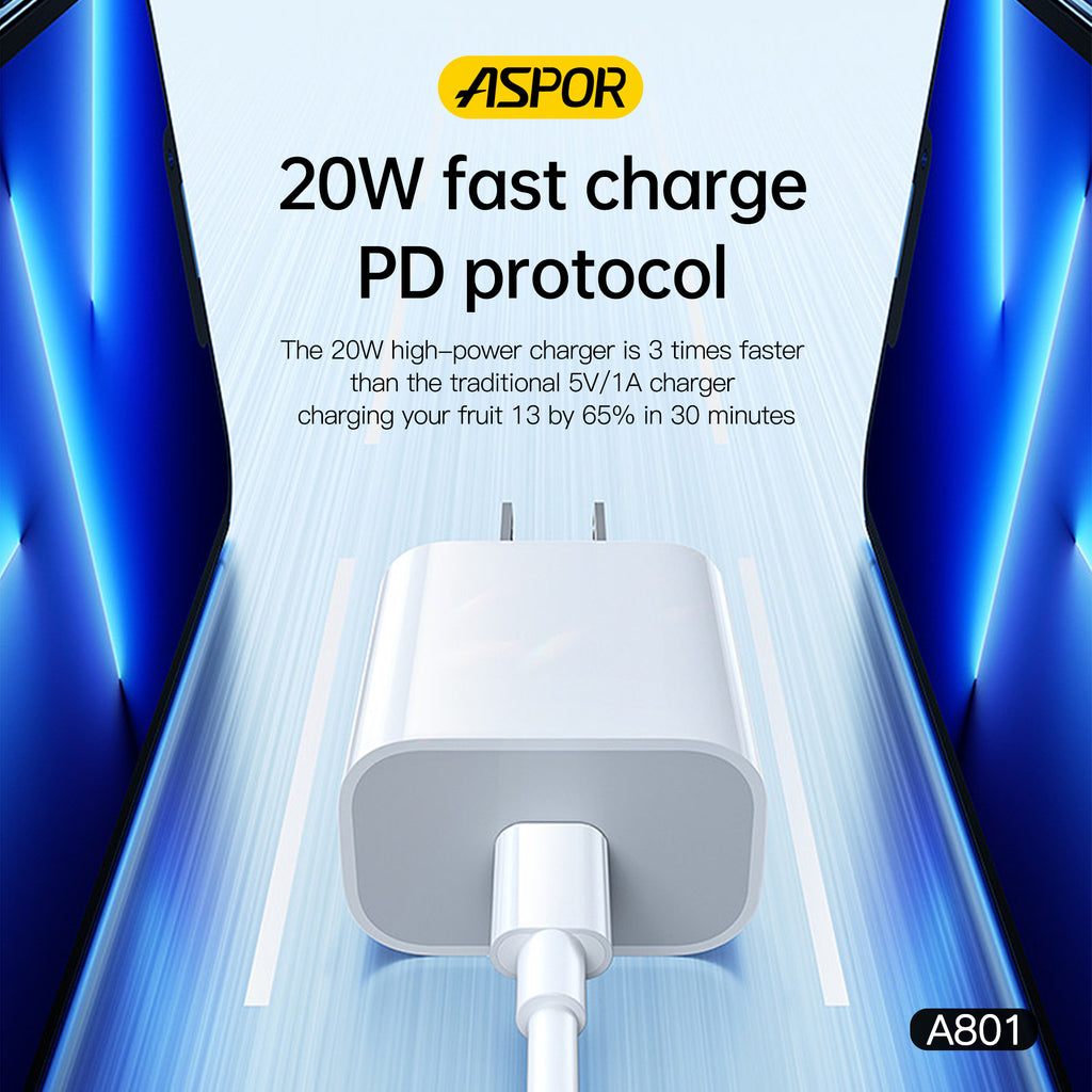 Aspor A801 20W USB-C fast charging wall adapter with US pin in white, featuring QC 3.0 technology and Prime Tech Store branding