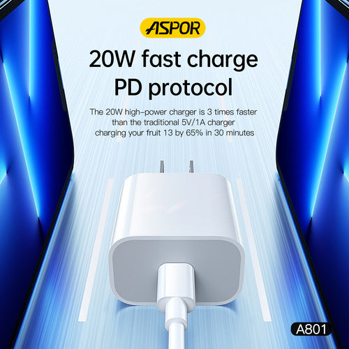 Aspor A801 20W USB-C fast charging wall adapter with US pin in white, featuring QC 3.0 technology and Prime Tech Store branding