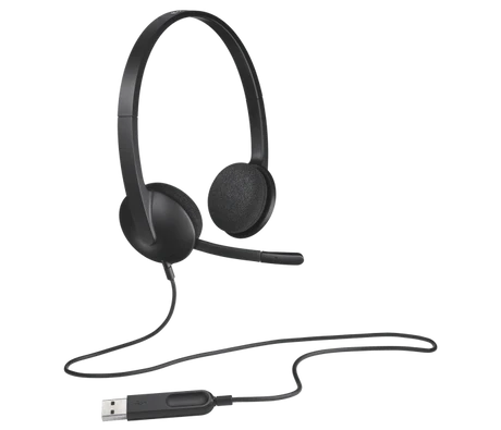 Logitech H340 USB headset with adjustable headband and noise-canceling microphone for clear voice communication.